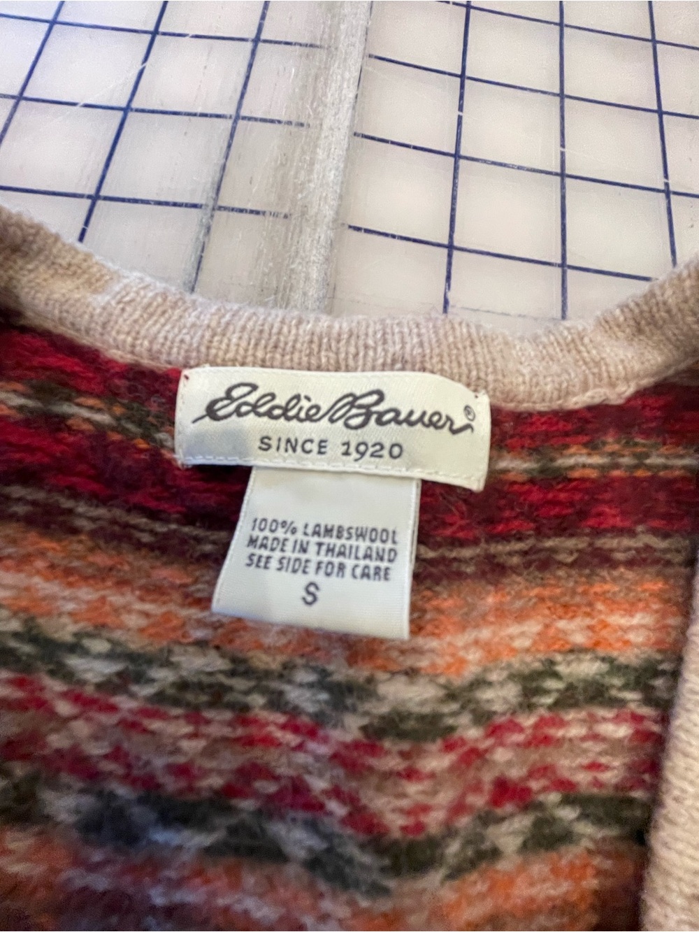 Eddie Bauer Fair Isle Lambswool Crewneck Sweater in Red, Orange & Green - Picture 2 of 4